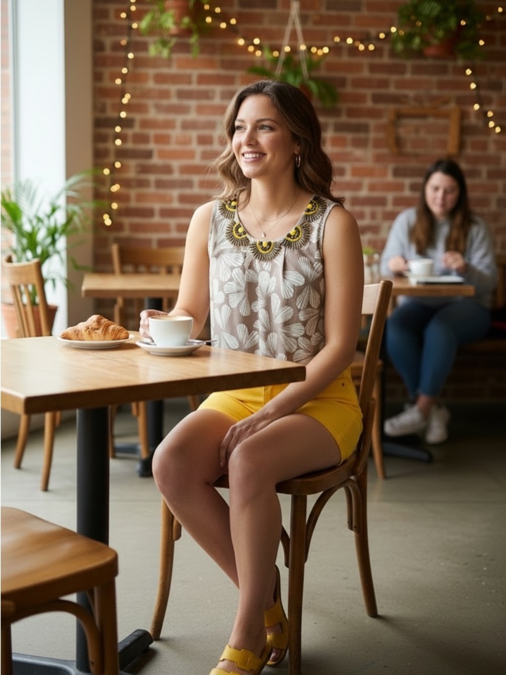 Boden Taupe Floral Sleeveless Top with Yellow Beaded Neckline - Picture 5 of 14